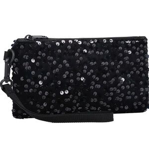 Black Sequin Clutch / Wristlet with Atachable Strap - Brand New